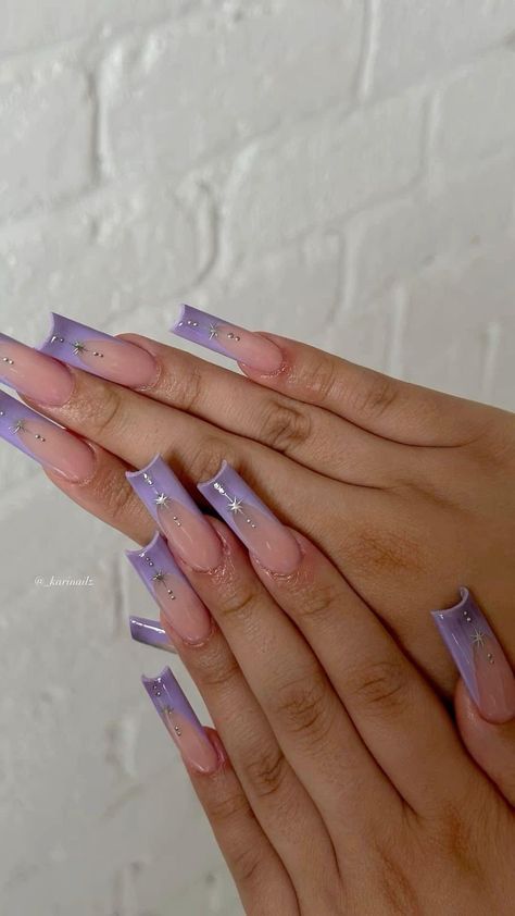 Long Purple French Tip Nails, Airbrush Nails French Tips, French Airbrush Nails, Purple French Acrylic Nails, Purple French Nail Designs, Purple Nail Designs Square, Airbrush French Tip Nails, Purple Airbrush Nails, Purple Nail Sets