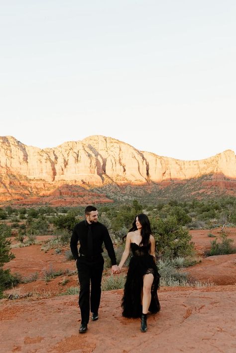 Southwest Engagement Photos, Dramatic Couples Photoshoot, Unique Engagement Photo Outfits, Engagement Photos Dramatic, Dramatic Couple Photoshoot, Engagement Photos Desert Arizona, Dramatic Engagement Photos, All Black Engagement Photos, Engagement Photoshoot Ideas Outdoors