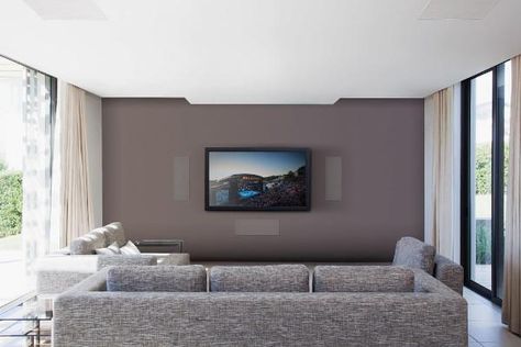 Hidden Speakers Living Room, In Wall Speakers Ideas Living Rooms, Basement Theatre, Hidden Speakers, The 100 Series, Wall Speakers, Multi Room Audio, Home Cinema Room, Living Tv