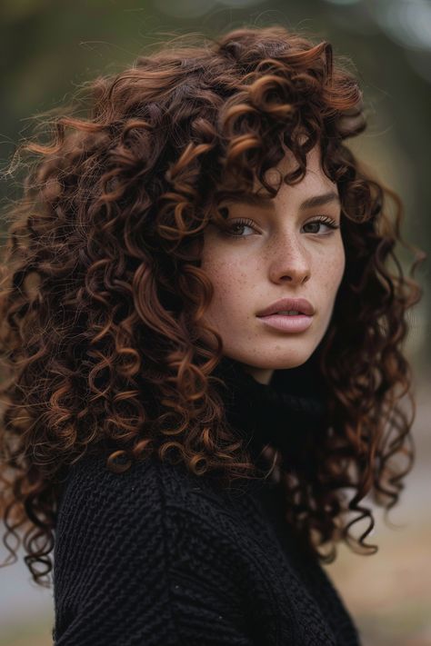 13 Curly Hair Color Ideas To Inspire Your Next Style Transformation - NeedleStar Curly Hair Chestnut Brown, Auburn Brown Hair Curly, Hair Colors For Biracial Women, Red Lowlights In Brown Hair Curly, Honey Brunette Curly Hair, Fall Color For Curly Hair, Curly Chestnut Hair, Chocolate Curly Hair Highlights, Curly Cowboy Copper