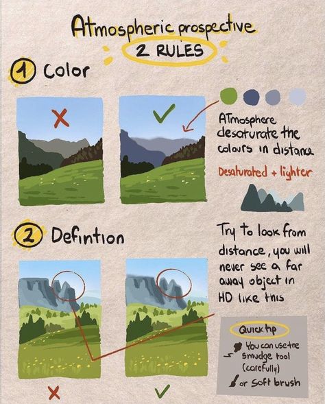 Digital Art Colouring Process, Background Drawing Tips, Environment Concept Art Landscape, Digital Painting Tips, Atmospheric Perspective, Digital Art Tips, Color Theory Art, Digital Painting Techniques, Art Advice