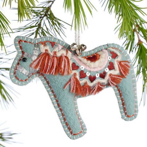 Wool Embroidered Swedish Dala Horse Ornament - World Market Embroidered Tree Ornaments, Dala Horse Ornament, Horse Ornaments Diy, Swedish Christmas Decorations, Wool Project, Embroidered Ornaments, Swedish Heritage, Knit Decor, Embroidered Christmas Ornaments