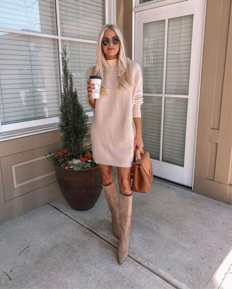 Taupe Boots Outfit, Kathleen Post, Over The Knee Boot Outfit, Fall Sweater Dress, Casual Turtleneck, Mock Neck Sweater Dress, Sweater Dress Outfit, Sweater Dress Oversized, Long Sweater Dress