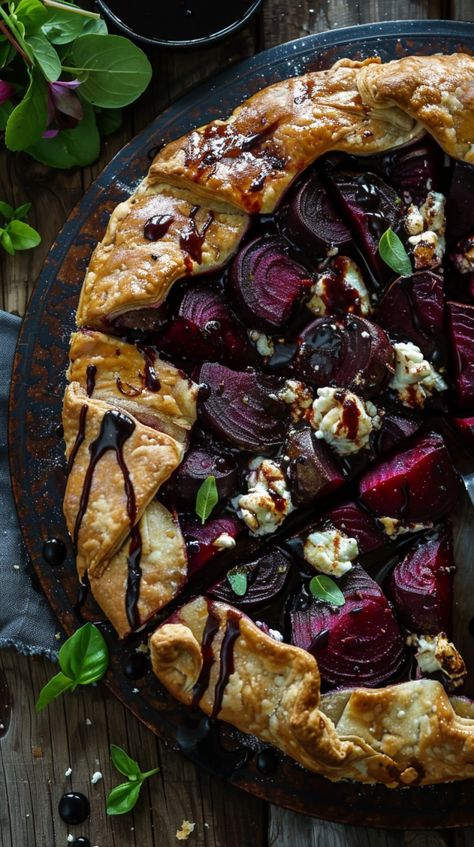 Roasted Beet and Goat Cheese Galette with Balsamic Glaze Recipe Roasted Beet And Goat Cheese Log, Beet Crostata With Agrodolce, Goat Cheese Tomato Tart, Beet And Goat Cheese Appetizer, Roasted Carrots With Whipped Goat Cheese, Beet Crostata, Roasted Beet Appetizer, Beet Recipes Dessert, Beet Desserts