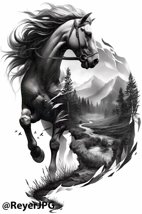 Discover a stunning black and white tattoo design featuring a powerful horse with flowing mane set against a serene landscape. This intricate artwork captures the beauty of nature and the spirit of freedom, making it a perfect choice for horse lovers and tattoo enthusiasts alike. Looking for inspiration for your next tattoo? This design will ignite your creativity! #TattooDesigns #HorseTattoo #TattooInspiration #TattooArt #NatureTattoo Native Horse Tattoo, Horse Sleeve Tattoo, Horse Memorial Tattoo, Indian Horse Tattoo, Horse Tattoo Ideas, Shoe Tattoo, Horse Beach, Double Exposure Art, Horse Shoe Tattoo