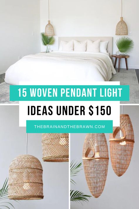 Bedroom Light Pendant Ideas, Rattan Pendant Light Bedroom, Bedroom Pendant Lighting Bedside, Coastal Bedrooms Decorating, Hanging Pendant Lights Bedroom, Hanging Bedside Lights, Bedroom Pendant Light, Hanging Bedroom Lights, Woven Pendant Light