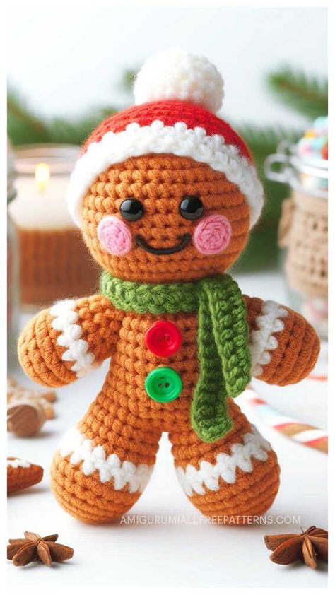 Amigurumi Doll Gingerbread Man Crochet Free Pattern Crochet Pattern Gingerbread Man, Christmas Free Crochet Patterns, Amigurumi Free Pattern Beginner, Crochet Squishy, Gingerbread Man Crochet, Crochet Gingerbread Man, Crochet Gingerbread, Christmas Amigurumi, Bread Man