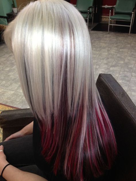 White Hair With Color Underneath, White Red And Black Hair, Maroon And White Hair, Black Hair With Red And White Highlights, White Hair Red Highlights, White Hair With Red Highlights, Black Red And White Hair, Black White And Red Hair, Red Hair White Highlights