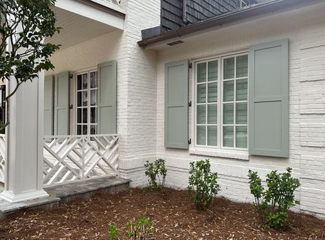 Painting Exterior Shutters | Maison Vue Farrow And Ball French Grey Exterior, White Siding Green Shutters, Sage Green Shutters White House, Tan House Green Shutters, Farrow And Ball Blue Grey, Farrow And Ball Exterior, Shutters Colors, Shutters Brick House, Farrow And Ball Blue Gray