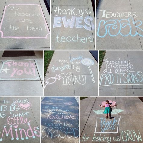 Teacher appreciation chalk designs! Chalk Messages Sidewalk School, Teacher Appreciation Chalk Sidewalk, Teacher Appreciation Chalk The Walk, Chalk Art Teacher Appreciation, Teacher Chalk Art, Chalk The Walk For Teachers, Teacher Appreciation Sidewalk Chalk Art, Teacher Appreciation Chalk Art, Chalk The Walk Ideas