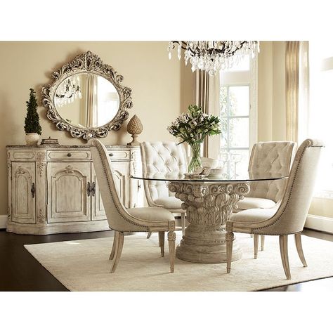 Jessica McClintock The Boutique Round Dining Room Set (White Veil) Table With Chairs, Round Dining Room Sets, Glass Dining Room Table, Glass Round Dining Table, Set Meja Makan, Round Dining Room, Glass Top Dining Table, Dining Room Table Decor, Luxury Dining Room