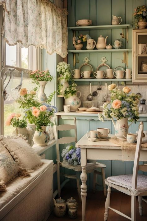 Cottagecore interior exudes cozy charm with floral patterns, rustic wooden furniture, soft pastel hues and vintage accents. Cottagecore Soft Aesthetic Room, Cottagecore Interior Living Room, Cottage Core Colors Pallet, Cottage Kitchen Breakfast Nook, Pastel Farmhouse Decor, Victorian Cottagecore House Interior, Boho Cottagecore Decor, Cottagecore Aesthetic Living Room Vintage, Cottagecore Home Decor Living Room