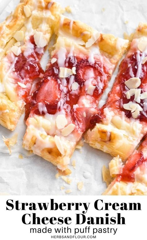 Strawberry Cream Cheese Pastry, Puff Pastry Cream Cheese Danish, Strawberry Puff Pastry Recipes, Strawberry Cream Cheese Puff Pastry, Cheese Danish With Puff Pastry, Strawberry Danish Recipe, Strawberry Cream Cheese Danish, Danish Puff, Strawberry Danish