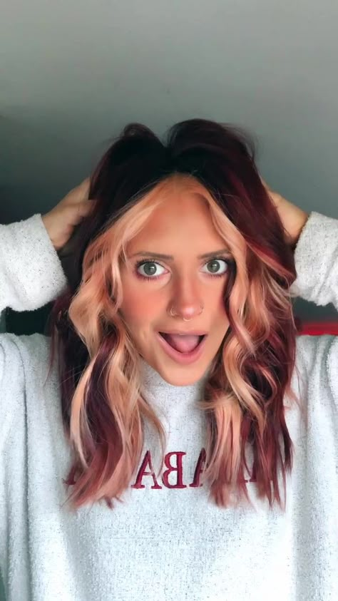 Red And Colored Hair, Natural Fun Hair Color, Fall Red Hair With Money Piece, Red All Over Color Hair, Oil Slick Money Piece Hair, Kelsie Wieland Hair, Hair Ideas With Money Pieces, Red Hair Color Blocking, Red Hair With Color Underneath