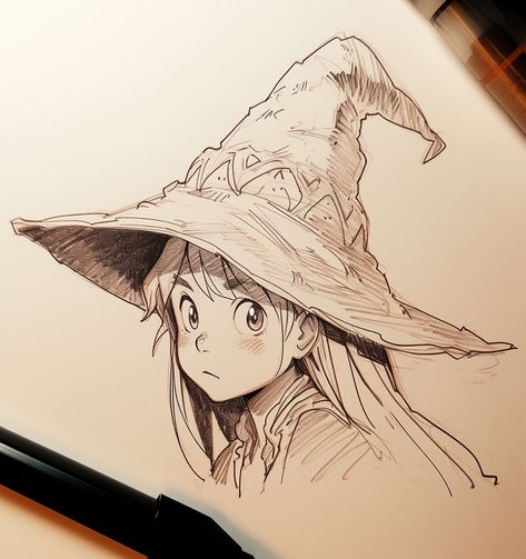 Witch Drawings Sketches, Witch On Broom Illustration, Witch Hat Sketch, Cute Witch Hat Drawing, Wizard Hat Drawing Reference, Old Witch Drawing, Witch Cottage Drawing, Witch Hat Reference, Witch Drawing Pencil