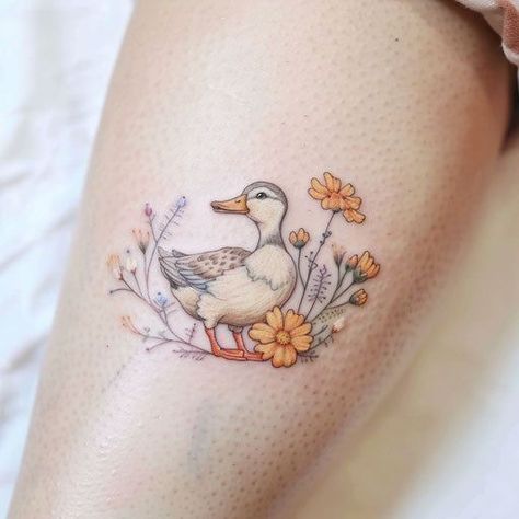 Duck And Bunny Tattoo, Mother Goose Tattoo, Duck And Ducklings Tattoo, Mallard Duck Tattoo, Cute Duck Tattoo, Duckling Tattoo, Duck Tattoo Ideas, Goose Tattoo, Chicken Tattoo