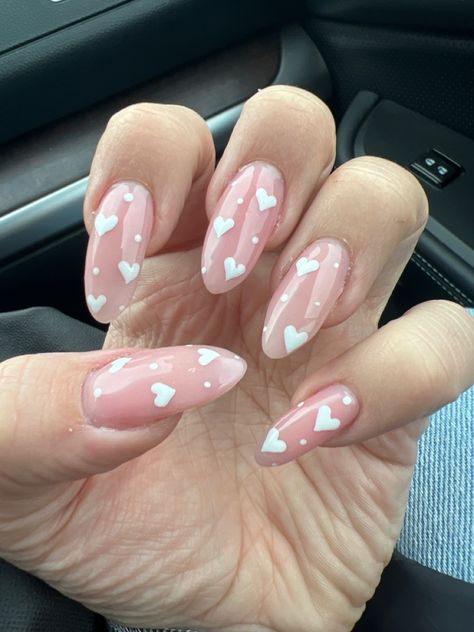 Nails With Hearts Acrylic, Pink Nails White Hearts, Light Pink Heart Nails, Light Pink And White Nails, Hearts Acrylic Nails, Nails White Heart, White Heart Nails, Nails With Hearts, Almond Nails Pink