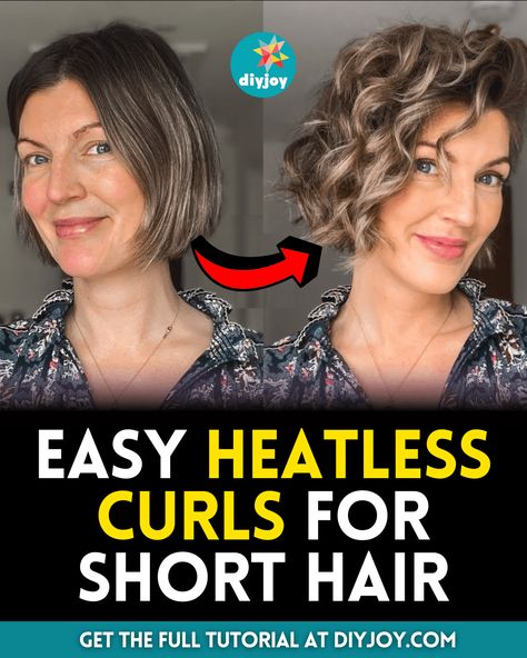 Curl Hair Hacks No Heat, No Heat Bob Hairstyles, Curl Bob With Straightener, Curls With Socks Short Hair, No Heat Short Hair Curls, Short Hair Heatless Curls Tutorials, How To Wavy Hair No Heat, How To Use A Waver Iron On Short Hair, Heartless Sock Curls Short Hair