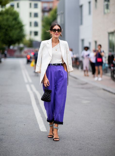 COPENHAGEN, DENMARK - AUGUST 08: Diletta Bonaiuti wearing purple pants, creme white blazer is seen outside Stine Goya during the Copenhagen Fashion Week Spring/Summer 2019 on August 8, 2018 in Copenhagen, Denmark. (Photo by Christian Vierig/Getty Images) Fashion Copenhagen, Vinyl Pants, Wearing Purple, Elegante Y Chic, Top Street Style, Street Style Blog, Copenhagen Fashion, Purple Pants, Scandinavian Fashion