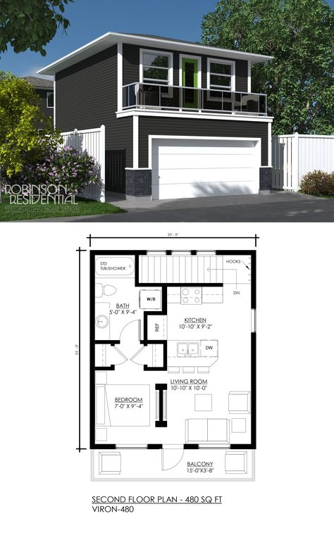 Enclosed Garage, House Plans With Garage, Adu Ideas, Bnb Ideas, Retro Garage, Garage Apartment Plan, Carriage House Plans, Cottage Plans, 1 Bedroom House