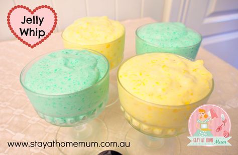 Jelly Whip--COLD evaporated milk whipped like whipped cream then with partially set jello (any flavor) | Stay at Home Mum Jelly Whip, Csiro Diet, Two Ingredient Desserts, 2 Ingredient Desserts, Fun Kid Lunch, Super Easy Dessert, Coconut Jelly, Jelly Desserts, Stay At Home Mum