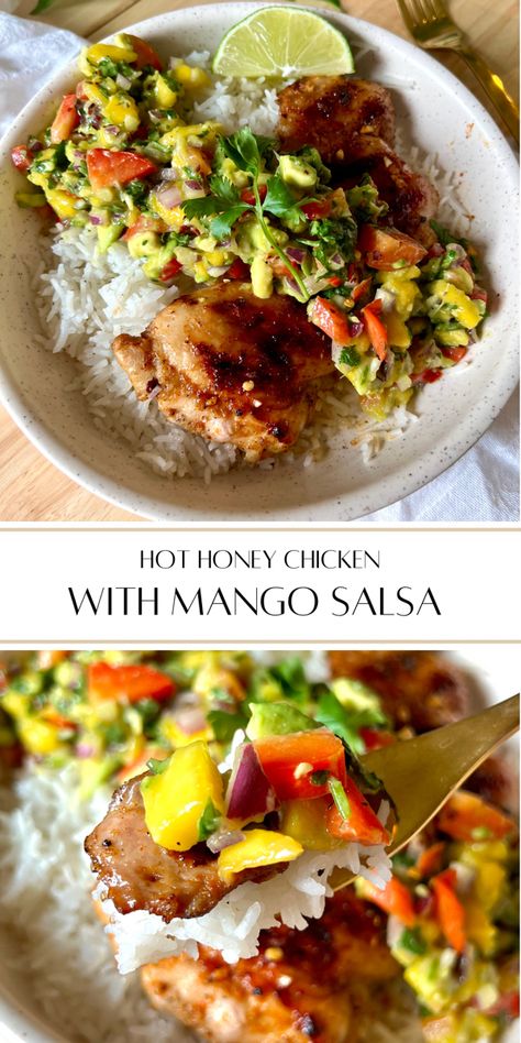 Hot Honey Meal Ideas, Mango Dinner Recipes, Hot Honey Dinner Recipe, Sweet And Spicy Honey Chicken, Chicken With Mango Salsa Recipe, Lemon Ginger Chicken With Pineapple Mango Salsa, Mango Chutney Chicken Recipes, Hot Honey Chicken Meal Prep, Hot Honey Chicken Bowl