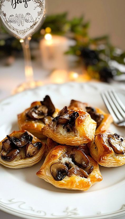 These Savory Mushroom Puff Pastry Bites are the perfect appetizer! With a rich mushroom filling and flaky puff pastry crust, each bite is a delicious blend of flavors. Great for parties or any occasion! Mushrooms In Puff Pastry, Mushroom Duxelle Appetizer, Mushroom Canapes Appetizer Recipes, Spinach And Mushroom Puff Pastry, Party Pastry Ideas, Mushroom Pinwheels Puff Pastries, Mushroom Stuffed Puff Pastry, Tea Savory Bites, Dinner Puff Pastry Recipes