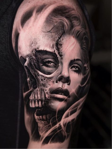 Skull Girl Tattoo, Girl Face Tattoo, Skull Sleeve Tattoos, Realistic Tattoo Sleeve, Scary Tattoos, Chest Piece Tattoos, Tatuaje A Color, Horror Tattoo, Skull Tattoo Design