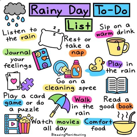 Photo by BlessingManifesting.com on July 29, 2020. Image may contain: text that says 'Rainy Day To-Do List Listen to the rain Sip on warm drink or take a nap Journal your feelings Play in the rain Go on a cleaning spree Play a card game or do puzzle Read a good book Walk in the rain Watch movies Comfort all day food BlessingManifesting' Rainy Day Self Care, Planner Doodles, Mottos To Live By, Things To Do Today, Self Care Bullet Journal, Biker Chick, Bullet Journal Doodles, Self Care Activities, A Rainy Day