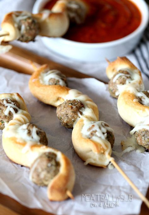 Meatball Sub on a Stick Meatball Subs On A Stick, Frozen Recipes, Meatball Sub, Meatball Subs, Think Food, Football Food, Finger Food Appetizers, Corn Dogs, On A Stick