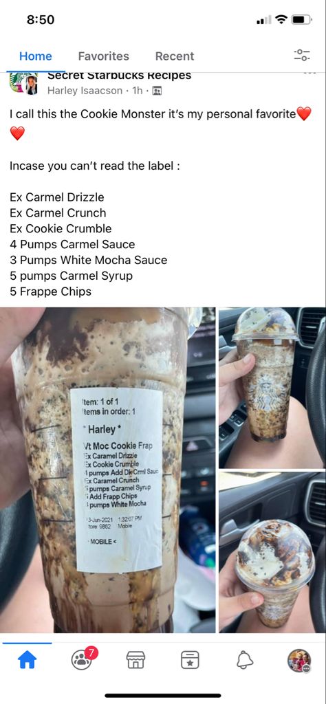 Cookie Monster Starbucks Drink, Carmel Syrup, Carmel Drizzle, Starbucks Secret Menu Recipes, Menu Recipes, Starbucks Secret, Starbucks Drink, White Mocha, Starbucks Drinks Recipes