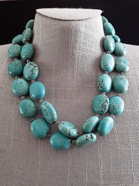 Elegant Double Strand Blue Turquoise Necklace, Unique Turquoise Double Strand Necklace, Vintage Untreated Turquoise Necklace, Multi-strand Turquoise Necklace With Large Beads, Turquoise Faceted Multi-strand Beaded Necklaces, Black Velvet Choker, Beaded Necklace Designs, Double Strand Necklace, Turquoise Jewelry Native American