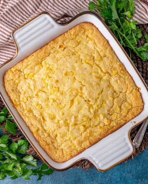 Jiffy Corn Casserole Recipe (5 Ingredients) - Tastes of Lizzy T Baked Creamed Corn, Baked Creamed Corn Casserole, Creamed Corn Casserole, Easy Corn Casserole Recipe, Creamed Corn Casserole Recipe, Homemade Cream Corn, Corn Souffle, Creamy Corn Casserole, Easy Corn Casserole