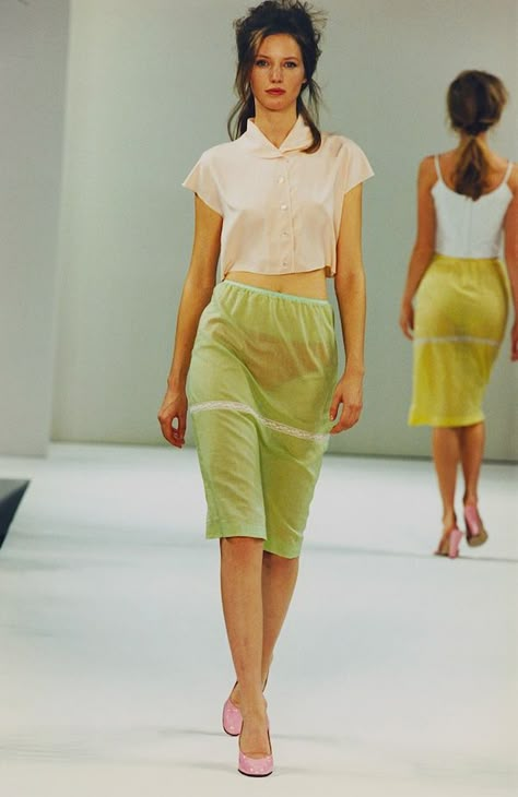 Spring Summer 1995 Fashion Show | Miu Miu 1995 Fashion, 90s Runway Fashion, Slip Skirt, 2000s Fashion, Couture Fashion, 90s Fashion, Runway Fashion, Miu Miu, High Fashion