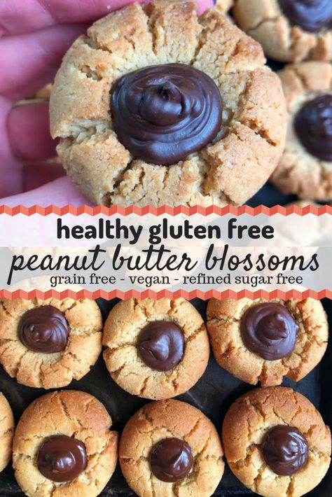 Burger Vegetarian, Butter Blossoms, Peanut Butter Blossom Cookies, Blossom Cookies, Peanut Butter Blossoms, Hershey Kiss, Paleo Desserts, Vegan Sugar, Healthy Peanut Butter