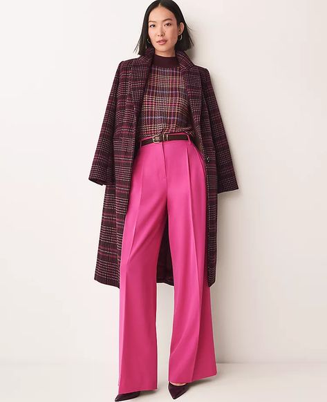 Our pleated wide leg pant is a modern must-have, with a perfect drape and high waist that endlessly flatters. Front zip with double hook-and-bar closure. Belt loops. Front pleats. Front on-seam pockets. Back besom pockets. Pink Wide Leg Trousers, Wide Leg Trousers Outfit, Chesterfield Coat, High Rise Style, Knitted Suit, Stylish Coat, Wide Leg Pant, Fashion Sale, Wool Plaid