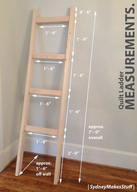 DIY Quilt Ladder - Measurements and Dimensions. | SydneyMakesStuff |                                                                                                                                                      More Quilt Ladder, Diy Blanket, Diy Ladder, Quilt Display, Diy Blanket Ladder, Quilt Rack, Woodworking Joinery, Woodworking For Kids, Blanket Ladder