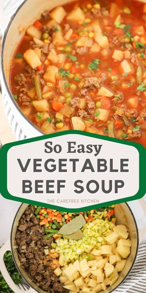 This hearty Vegetable Beef Soup with ground beef is a cozy, comforting meal that’s packed with flavor. It’s made with simple ingredients like ground beef, frozen veggies, and potatoes and freezes beautifully. #thecarefreekitchen #soup #beef #vegetables #groundbeef #comfortfood #dinner #freezermeal Vegetable Soup With Ground Beef And Noodles, Vegetable Ground Beef Soup, Recipes Using Stew Beef, Crock Pot Supper, Easy Beef Vegetable Soup, Beef Soup Crockpot, Veg Beef Soup, Soup With Beef Broth, Vegetable Beef Stew Recipe