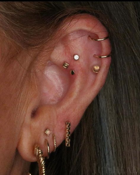 Earring Placements, Ear Constellation Piercings, Bvla Jewelry, Constellation Piercings, Body Vision Los Angeles, Unique Ear Piercings, Flat Piercing, Cool Ear Piercings, Buddha Jewelry