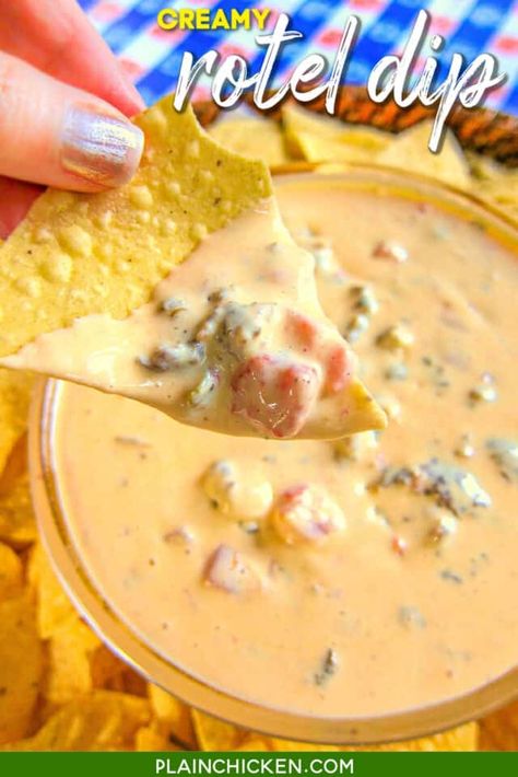 Creamy Rotel Dip - Football Friday - Plain Chicken Rotel Queso, Rotel Cheese, Rotel Cheese Dip, Rotel Recipes, Rotel Dip, Sausage Dip, Cheese Dip Recipes, Plain Chicken, Velveeta Cheese