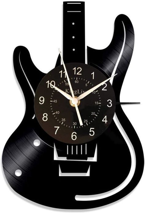 Wall clock made from an upcycled vinyl record cut in the shape of an electric guitar. Clock Design Art, Guitar Clock, Wall Clock With Pictures, Black Vinyl Record, Clock Decor Ideas, Vinyl Record Crafts, Music Clock, Wood Clock Design, Silver Wall Clock