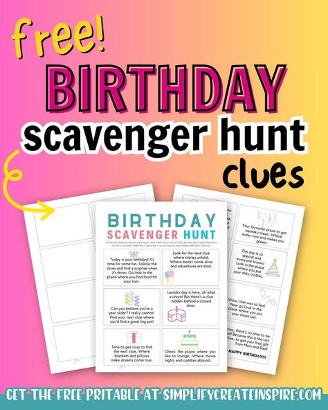 A birthday scavenger hunt is a memorable way to start the day when celebrating a birthday milestone. It adds a little extra excitement to handing over gifts and turns the birthday celebration moment into an experience that kids especially will remember. Free printable birthday scavenger hunt clues. Birthday scavenger hunt ideas. Birthday treasure hunt clues for in the house. Fun birthday treasure hunt ideas. Scavenger Hunt Ideas For Birthday, Birthday Scavenger Hunt For Adults Clues, Scavenger Hunt Ideas For Kids Birthday, Birthday Scavenger Hunt For Teens, Birthday Gift Scavenger Hunt Clues, Birthday Scavenger Hunt Kids, Scavenger Hunt Riddles For Kids, Birthday Scavenger Hunt Clues, Kids Birthday Morning