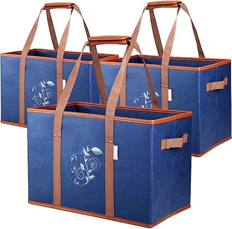 Liviable Reusable Grocery Shopping Bags, Foldable, Heavy Duty Tote, Box Bags with Long Handles and Solid Bottom, Large - Set of 3, Navy Blue Box Bags, Grocery Shopping Bags, Trunk Organization, Store Organization, Reusable Shopping Bags, Reusable Grocery Bags, Box Bag, Shopping Tote Bag, Large Tote Bag