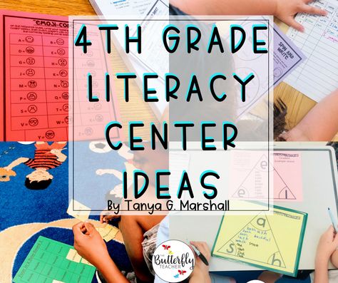 This post features literacy center ideas and printables for 4th-grade classrooms. The ideas mentioned can also be used in 3rd and 5th grades. 4th Grade Centers, 4th Grade Classroom Setup, Literacy Center Ideas, Upper Elementary Reading, 4th Grade Ela, 4th Grade Writing, 5th Grade Classroom, Literacy Lessons, 4th Grade Classroom