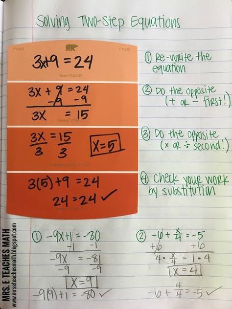 I love using the paint samples for teaching two step equations in algebra. Solving equations is such an important skill for middle school students that they need lots of activities to help. #solvingequations #mrseteachesmath 2 Step Equations, Equations Notes, Two Step Equations, Teaching Algebra, Math Notebook, Math Interactive, Math Interactive Notebook, Math Notes, Paint Sample