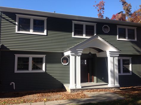 Deep moss with Azek portico Green Vinyl Siding With Brick, Grey Green Vinyl Siding, Deep Moss Vinyl Siding, Alside Vinyl Siding Cape Cod Gray, Green Vinyl Siding, Siding Colors For Houses, Green House Exterior, Exterior Inspiration, Siding Colors