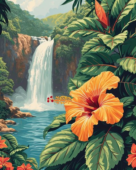 🎨💫Travel Wall Art with Midjourney Prompts - Follow the Link in my Bio🔗🔍 Jungle Landscape Painting, Exotic Illustration Art, Rainforest Flowers Drawing, Tiki Wall Art, Digital Scenery Art, Tropical Forest Drawing, Island Art Tropical, Tiki Painting, Exotic Illustration