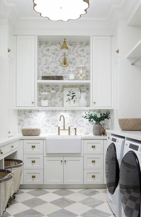 Room Tiles Floor, Transitional Laundry Room, Laundry Room Tile, White Laundry Rooms, Laundry Room/mud Room, Laundry Room Wallpaper, White Shelf, Laundry Room Flooring, Dream Laundry Room