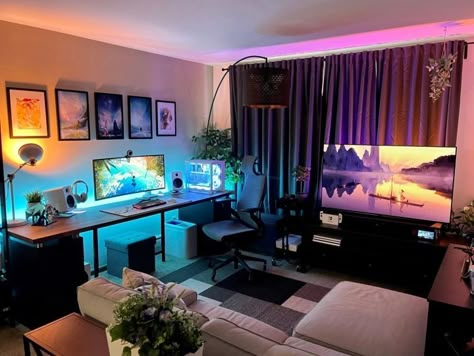 Cozy Video Game Room, Gaming Lounge Room Ideas, Video Game Room Ideas For Adults, Mens Game Room, Vibey Apartment Living Room Aesthetic, Game Room Adult, Gamer Living Room Ideas, Office And Game Room Combo, Hone Office