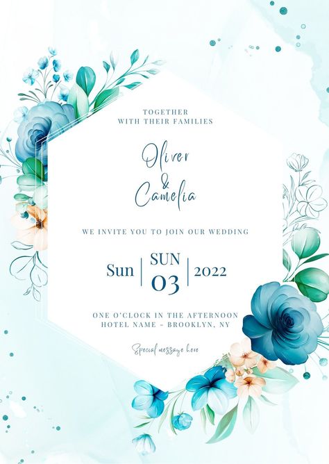 Blue wedding invitation of watercolor floral frame and abstract background Wedding Card Design Canva, Engagement Invitation Card Design Background, Canva Wedding Invitation Templates, Wedding Invitation Background Design, Marriage Card Design, Unique Wedding Card Design, Floral Wedding Invitation Background, Engagement Invitation Card Design, Flute Tattoo